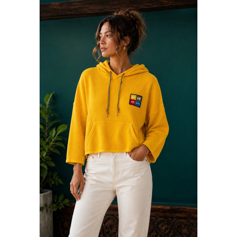 Esprit | Vintage 90s Oversized Waffle Knit Hoodie Sweater Large Yellow USA Made